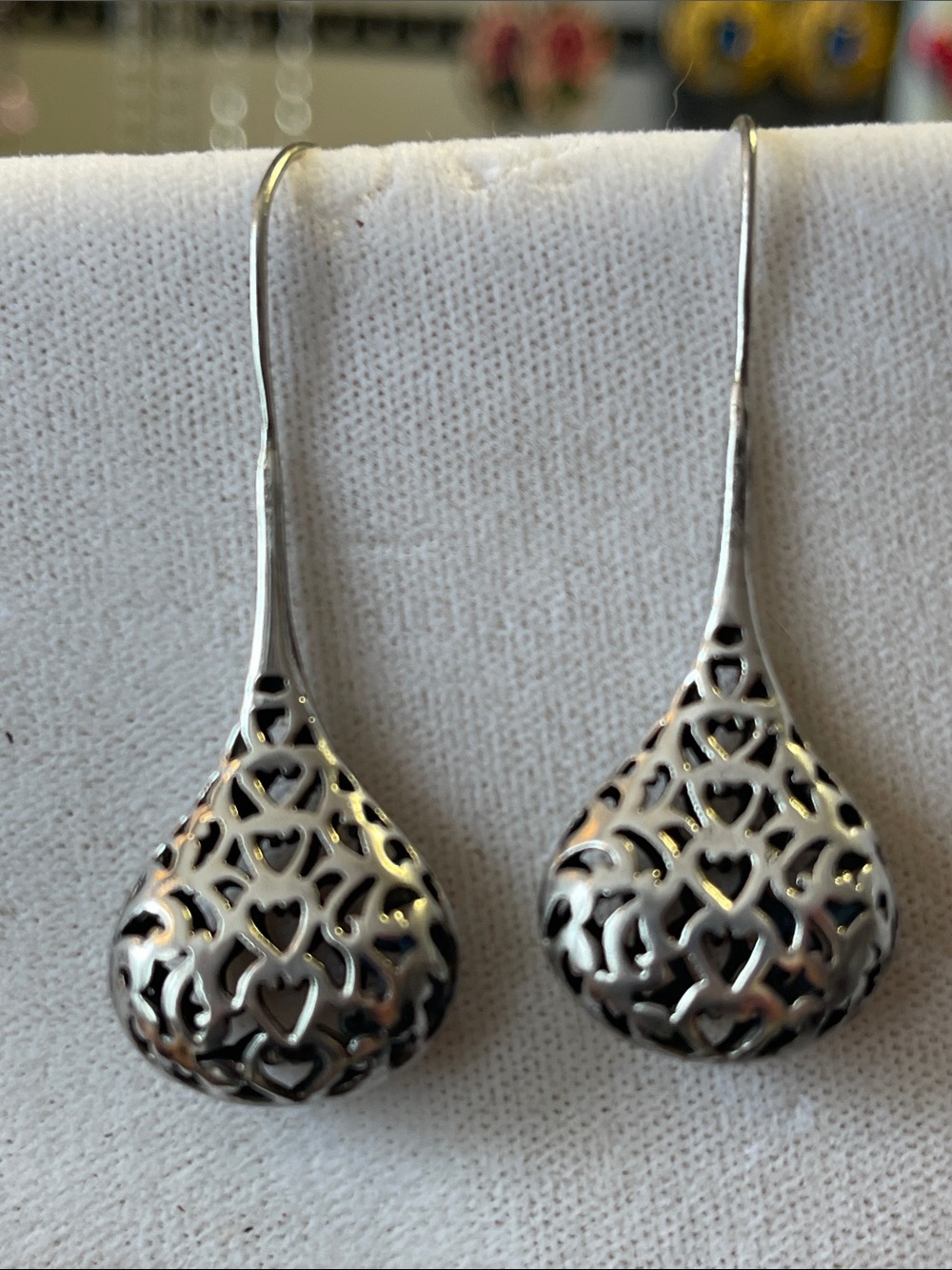 Vintage Sterling Silver Puffy Cutout Filigree Teardrop Threader Earrings